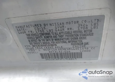 2015 Nissan Versa 1.6 S+ из США, поврежденный, VIN 3N1CN7AP4FL918819